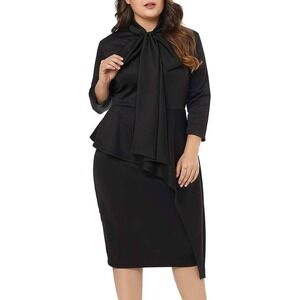 LALAGEN Plus‎ Size Black Peplum Dress with Bow Tie Neck 3XL